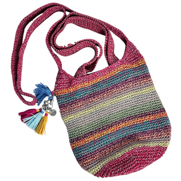 The Sak Red Multicolor Crochet Hobo Shoulder Bag Boho Slouchy Tote‎ Purse - Picture 1 of 7